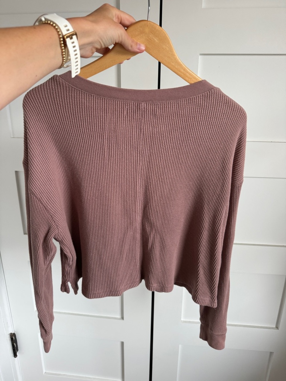 Abercrombie & Fitch Cropped Waffle Henley Long Sleeve Top - Mauve - Picture 6 of 6